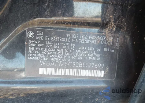 2011 BMW 335I из США, поврежденный, VIN WBAPM5C50BE577699